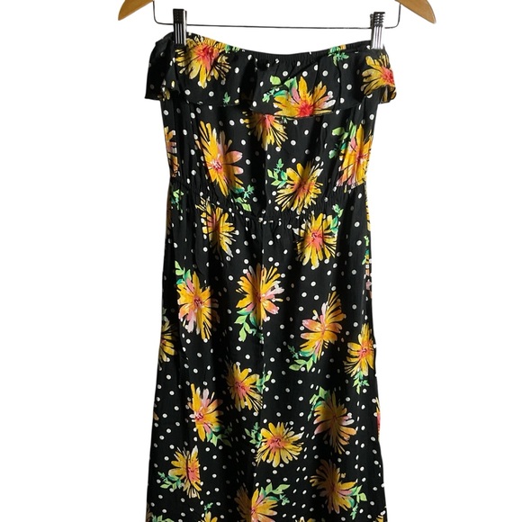 BONGO Black Floral Polka Dot Maxi Dress Strapless Ruffle Boho - Picture 2 of 5